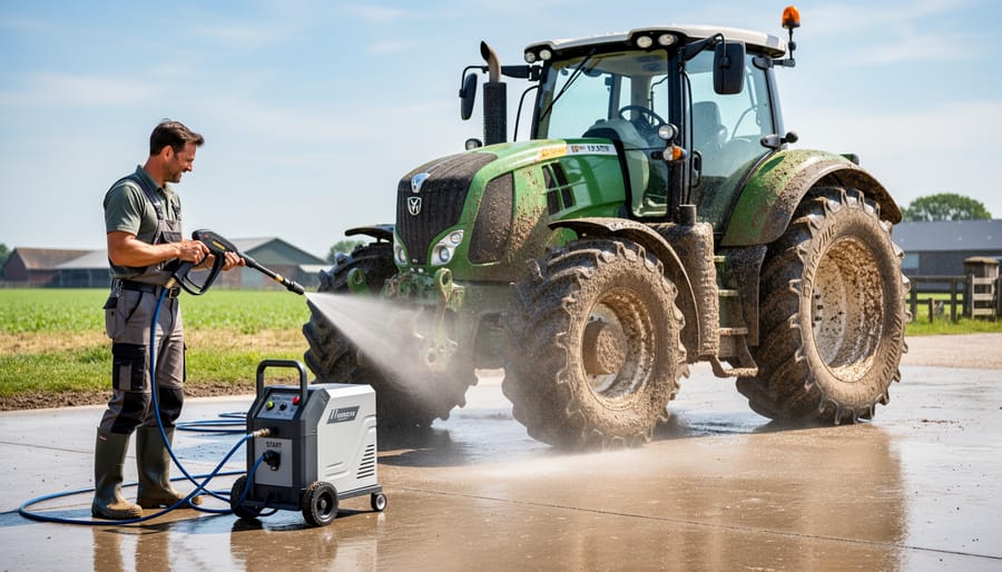 Operator connecting a hose to an electric pressure washer beside a farm ute in a rural driveway