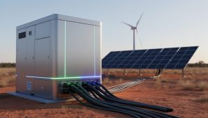 Battery energy storage unit with connecting cables, solar panels, and a wind turbine in the background under daylight.