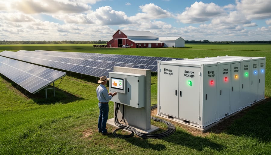 Solar carport and battery storage powering farm equipment at dusk