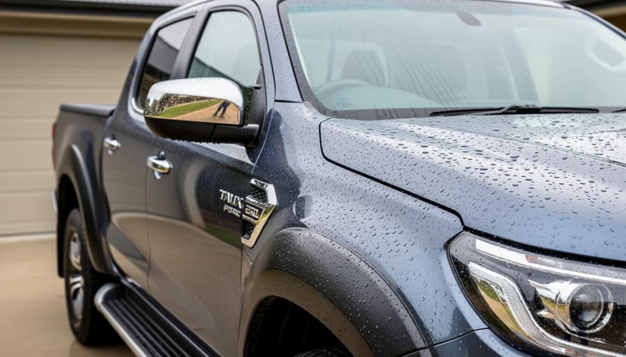 Freshly cleaned farm ute with water droplets beading on the vehicle surface near a rural drainage area