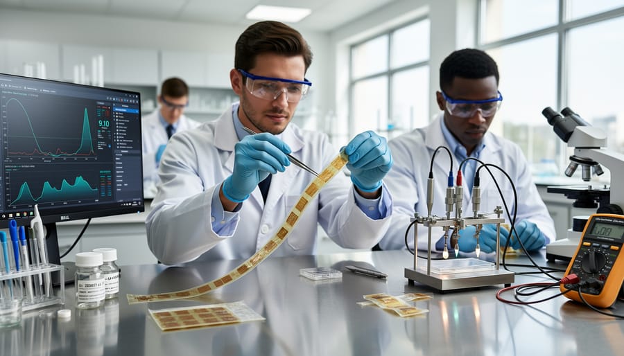 Researchers carefully handling a flexible paper-like battery material in a clean laboratory