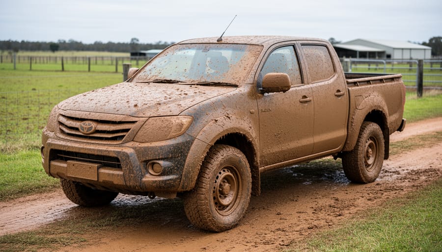 Mud-covered farm ute parked on a gravel driveway with dirt caked around the wheel arches and lower panels