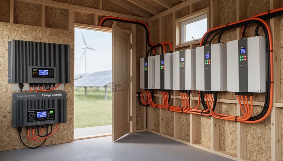 Battery storage and inverter equipment inside a clean off-grid utility shed
