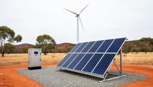 Off-grid solar panels and a wind turbine with battery storage equipment installed on a rural Australian property under an overcast sky.