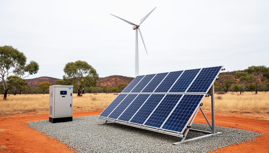 Off-grid solar panels and a wind turbine with battery storage equipment installed on a rural Australian property under an overcast sky.