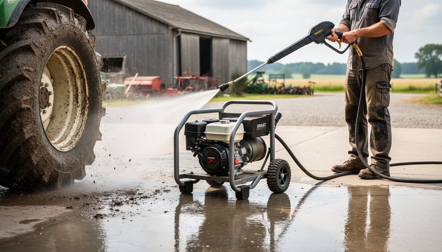 Petrol pressure washer spraying water to remove grime from a rural vehicle outdoors