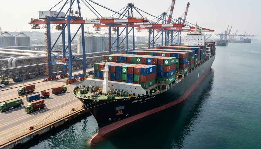 Cargo ship at a commercial port with wood pellet sacks on deck in golden-hour light