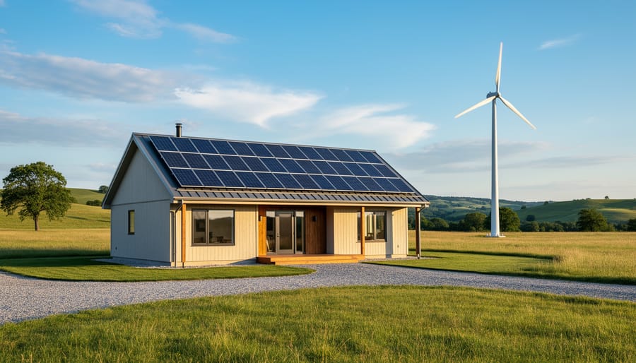 Remote Australian homestead with rooftop solar panels and a wind turbine in the background