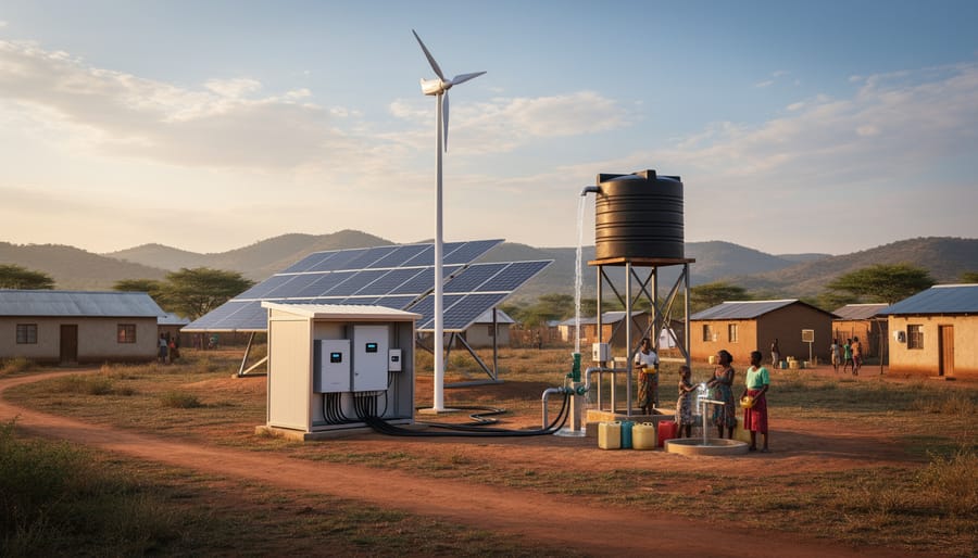 Outdoor water pumping equipment near a remote community building powered by an off-grid solar and wind setup
