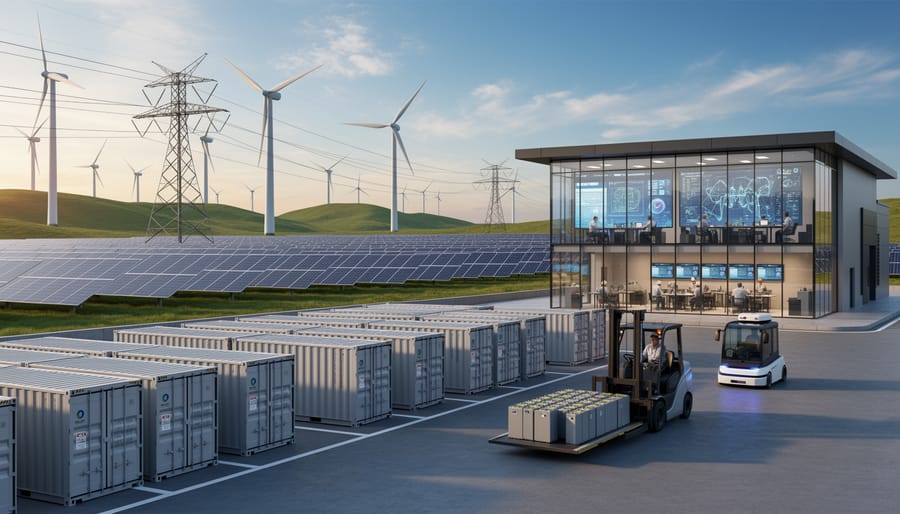 Utility-scale solar farm with battery energy storage units in the foreground during golden hour.