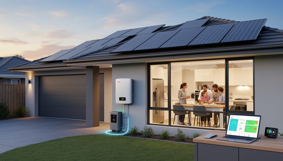 Rooftop solar panels with a nearby battery energy storage unit and inverter hardware
