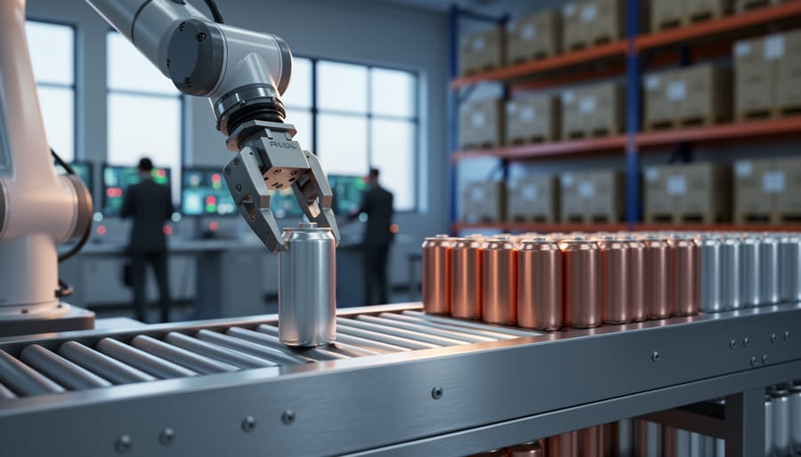 Robotic arm handling lithium-ion battery cells in a clean battery manufacturing facility, with raw material canisters and conveyors in the background.