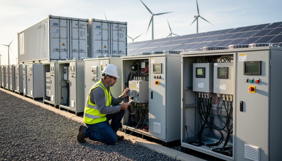 Technician inspecting an outdoor battery storage enclosure near solar equipment